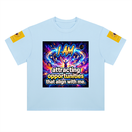 A light blue short-sleeve t-shirt with a vibrant, colorful graphic on the chest that reads 'I AM attracting opportunities that align with me.' in yellow and white text.