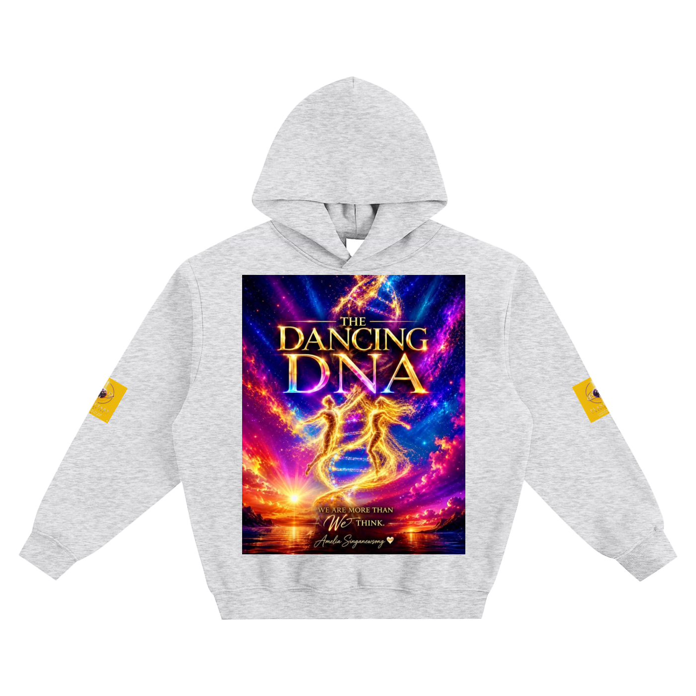 Gray hoodie with 'Dancing DNA' graphic design on a white background