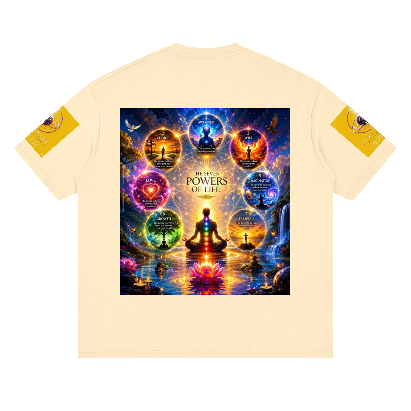 Beige t-shirt with a colorful graphic design on the back featuring a meditating figure and celestial elements.
