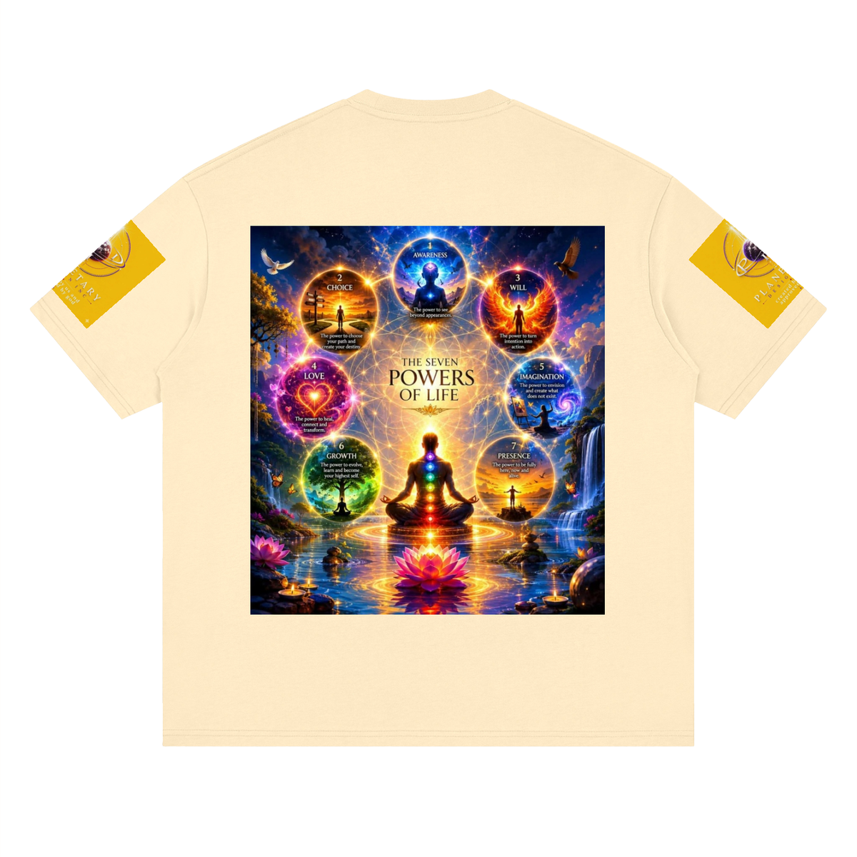 Beige t-shirt with a colorful graphic design on the back featuring a meditating figure and celestial elements.