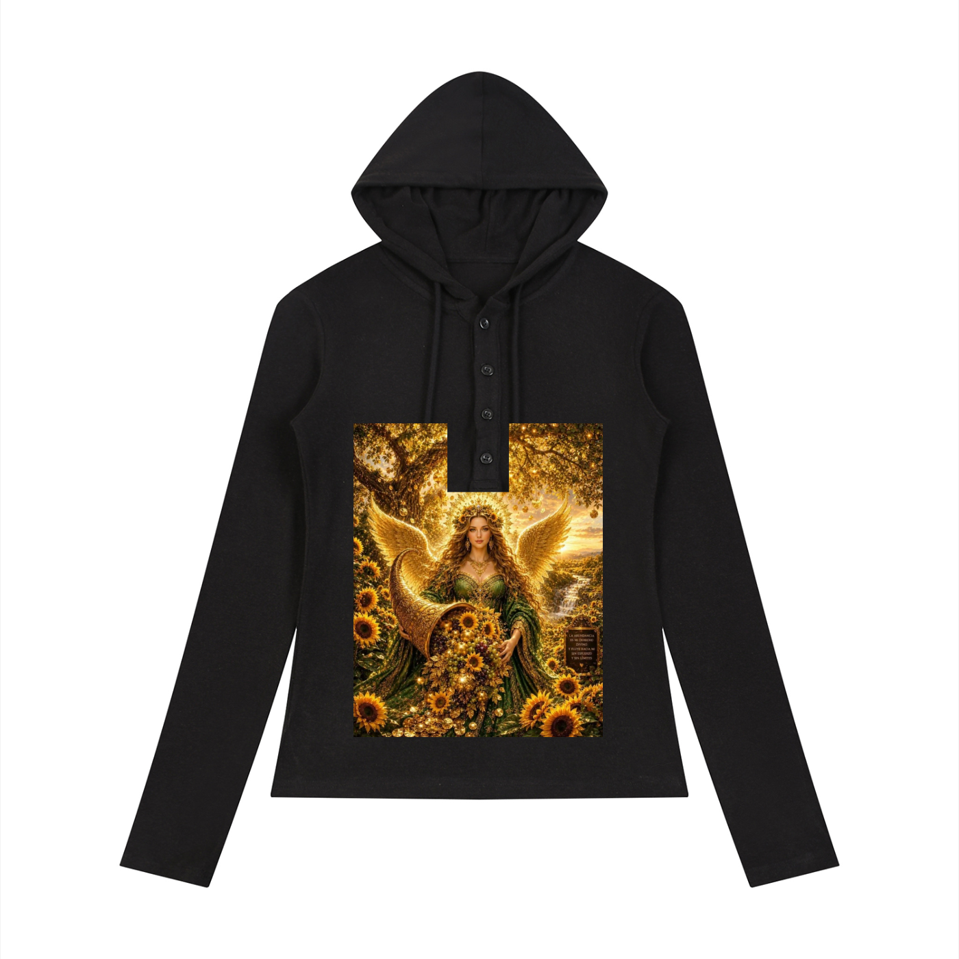 A black long-sleeve hoodie with a drawstring hood and a central graphic print of a golden angel surrounded by sunflowers, shown on a plain white background.