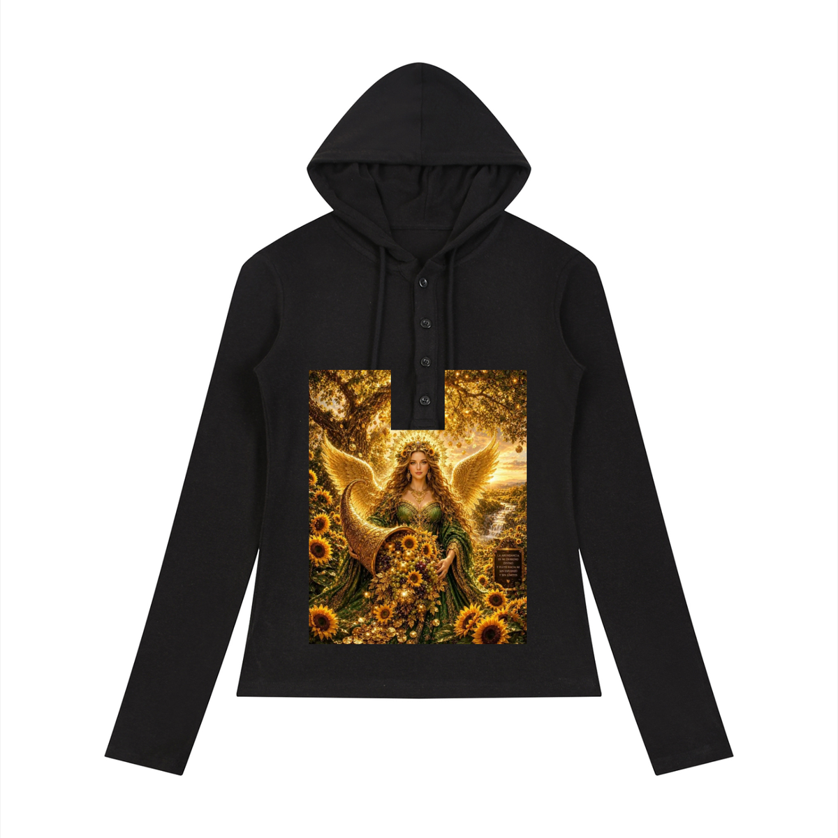 A black long-sleeve hoodie with a drawstring hood and a central graphic print of a golden angel surrounded by sunflowers, shown on a plain white background.