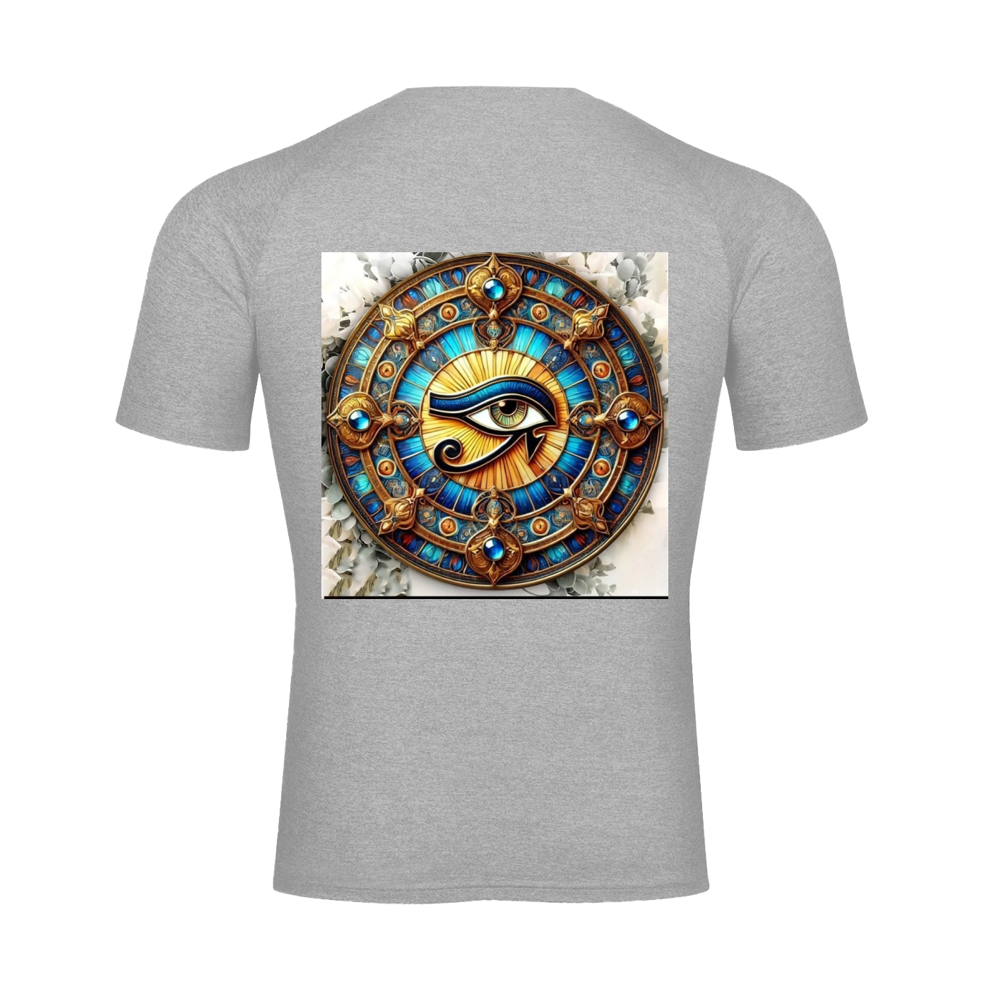 A heather gray short-sleeve t-shirt shown from the back, featuring a large square graphic print of an Egyptian Eye of Horus design in gold, blue, and black.