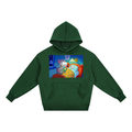 A dark green kids' pullover hoodie with a front kangaroo pocket and a colorful cartoon graphic on the chest, displayed against a solid white background.