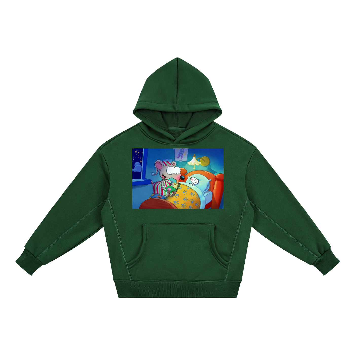A dark green kids' pullover hoodie with a front kangaroo pocket and a colorful cartoon graphic on the chest, displayed against a solid white background.
