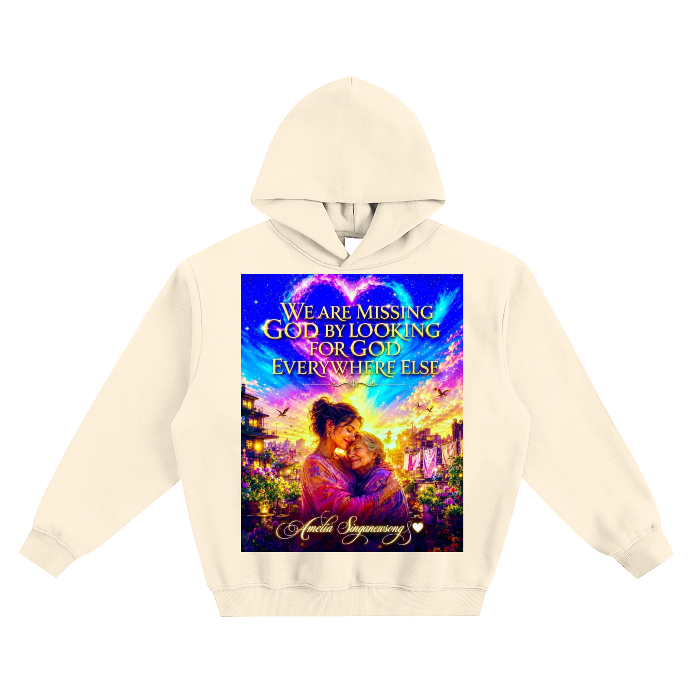 Beige hoodie with a colorful graphic and text on a white background