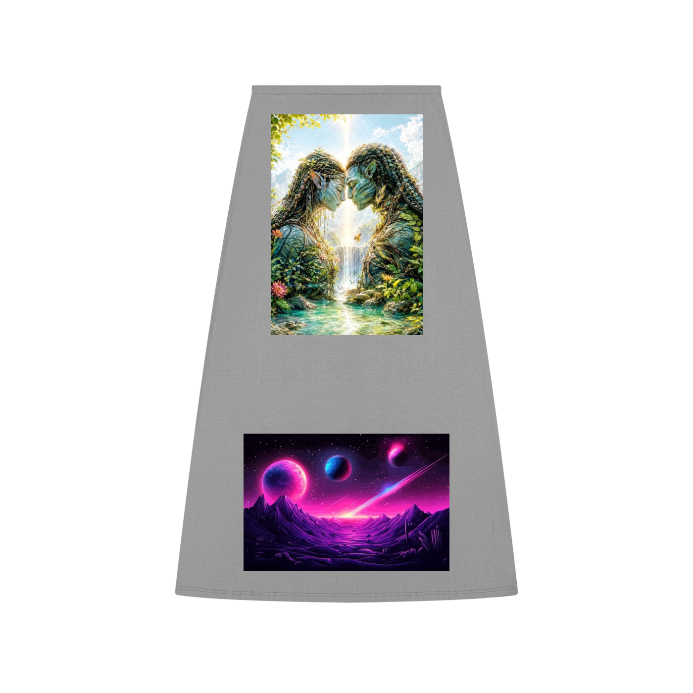 Gray stand with two digital art prints on a white background