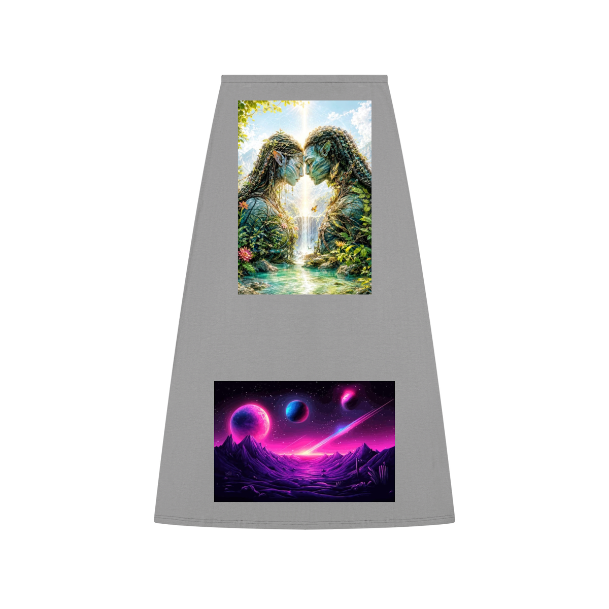 Gray stand with two digital art prints on a white background