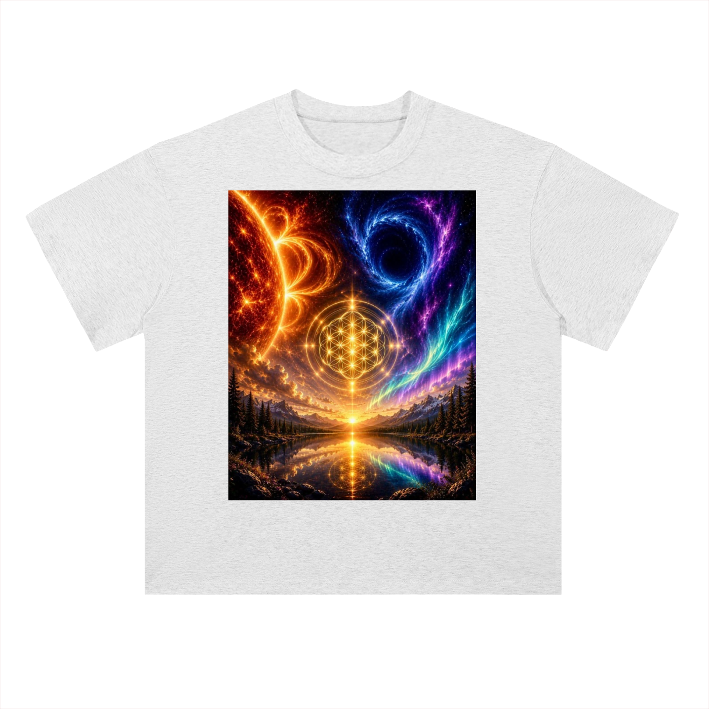 White t-shirt with a colorful abstract design featuring swirling colors and a central symbol on a white background.