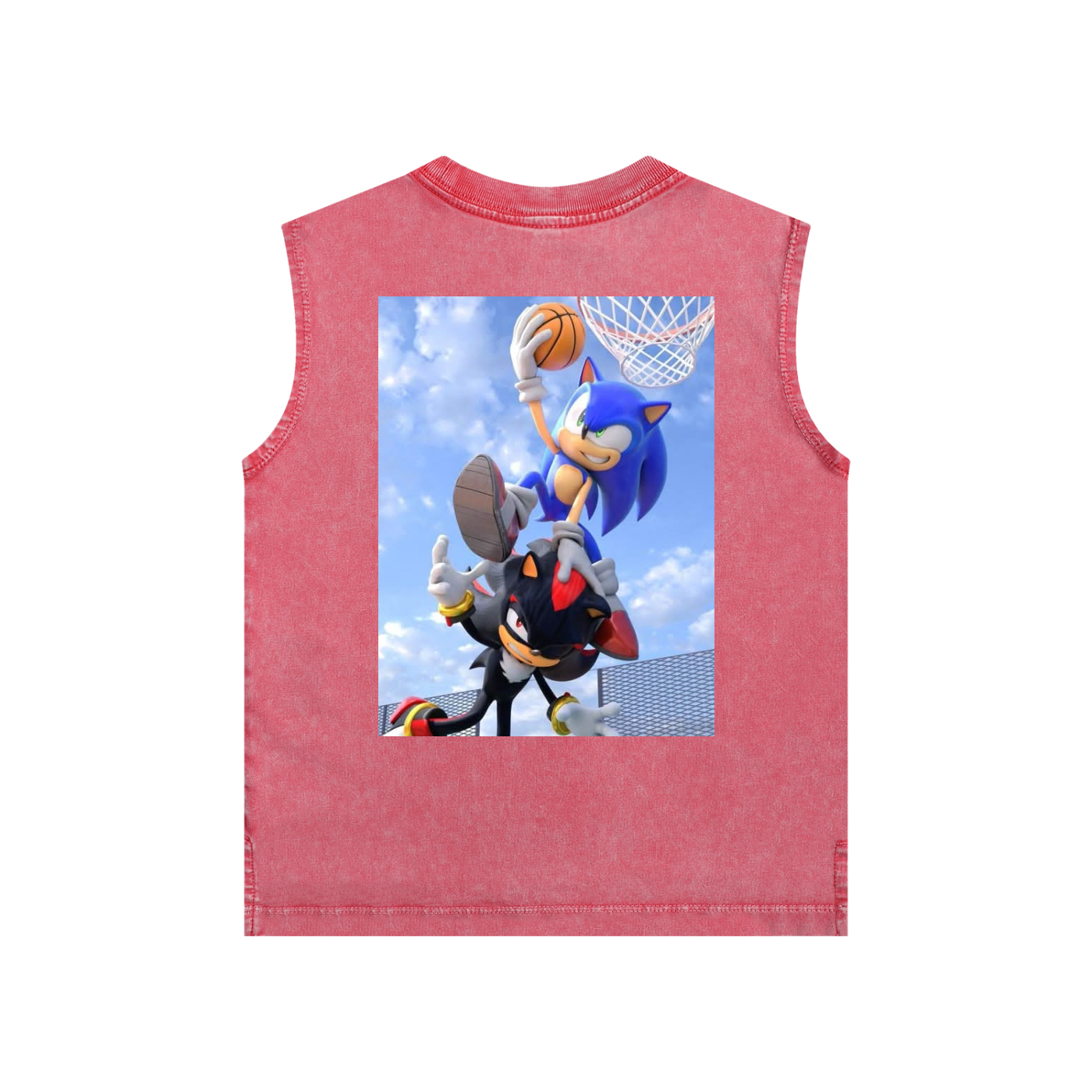 Pink sleeveless shirt with a graphic of Sonic the Hedgehog playing basketball on a white background