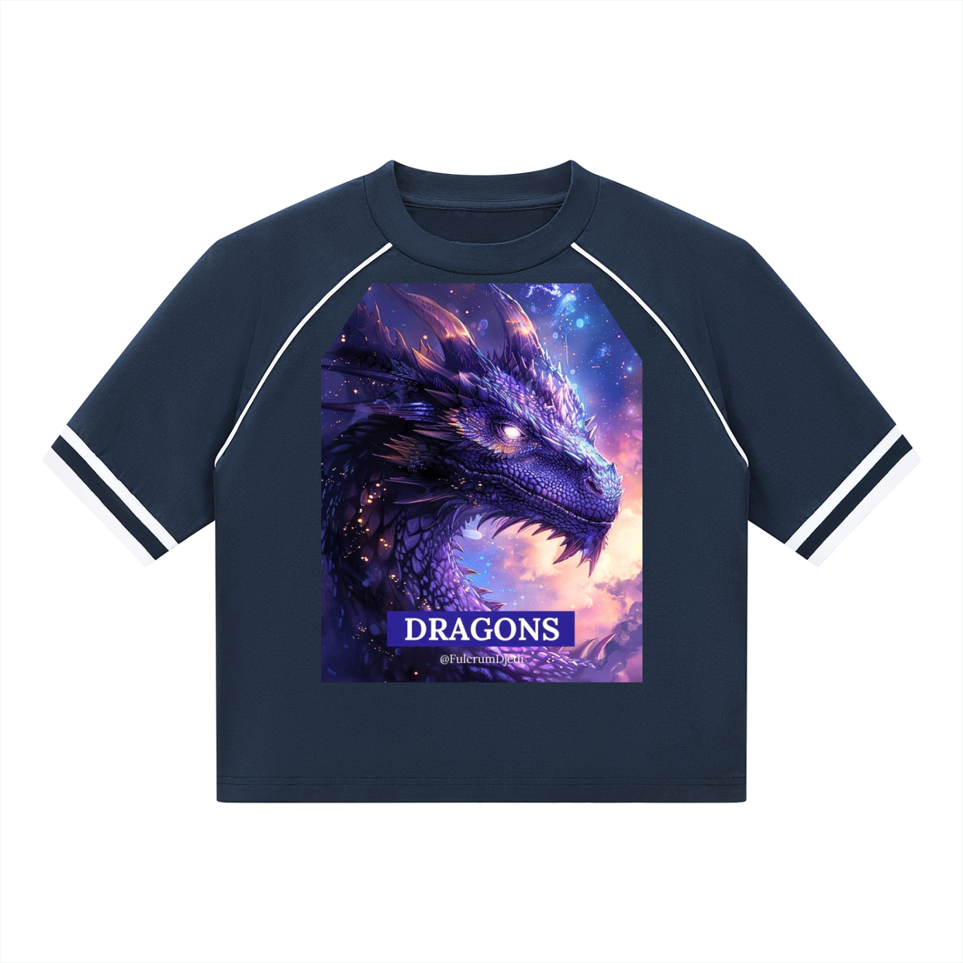 A navy blue short-sleeve t-shirt with white contrast stitching on the sleeves and collar, featuring a large graphic print of a purple dragon on the front with the text 'DRAGONS'.