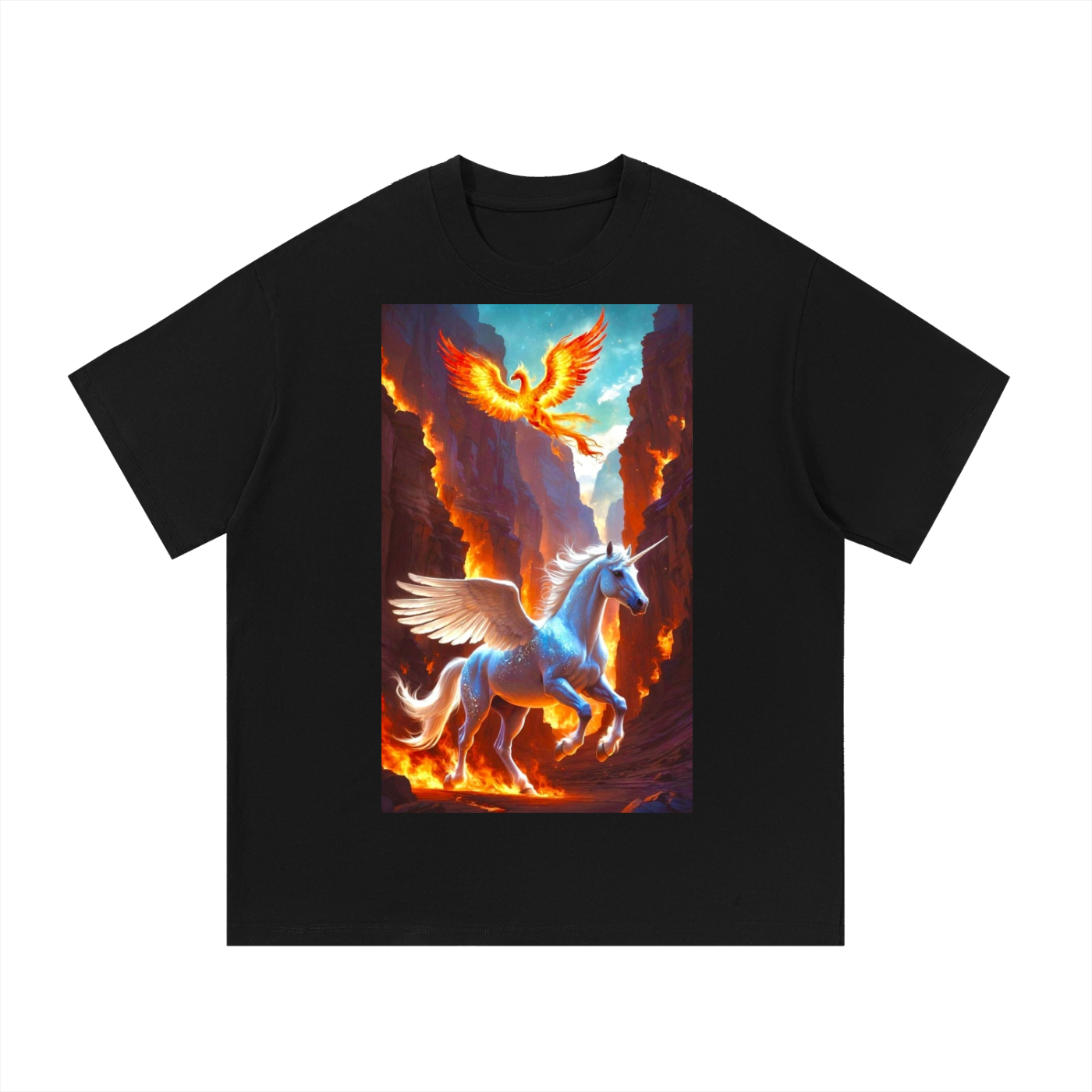 Black t-shirt with a colorful graphic of a winged horse and phoenix on a white background