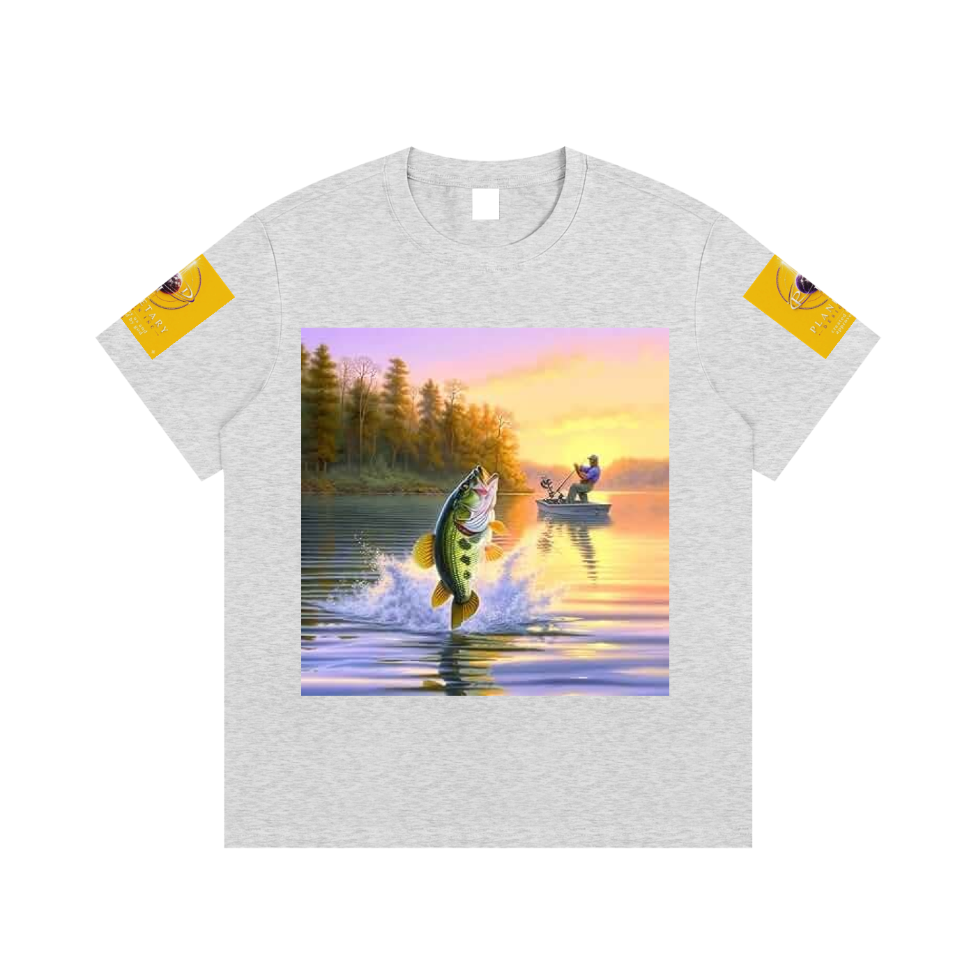 Gray t-shirt with a fishing graphic on a white background