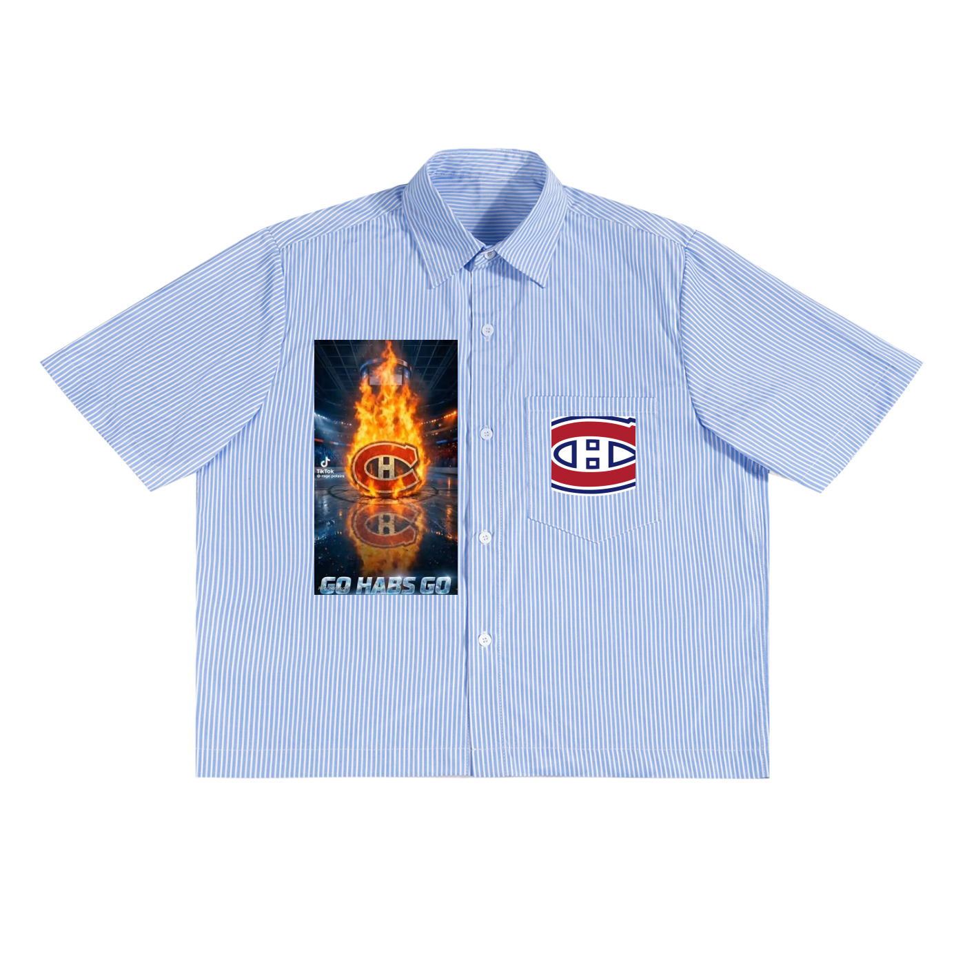 Blue striped shirt with a graphic design on the chest and sleeve, featuring a logo and flames.
