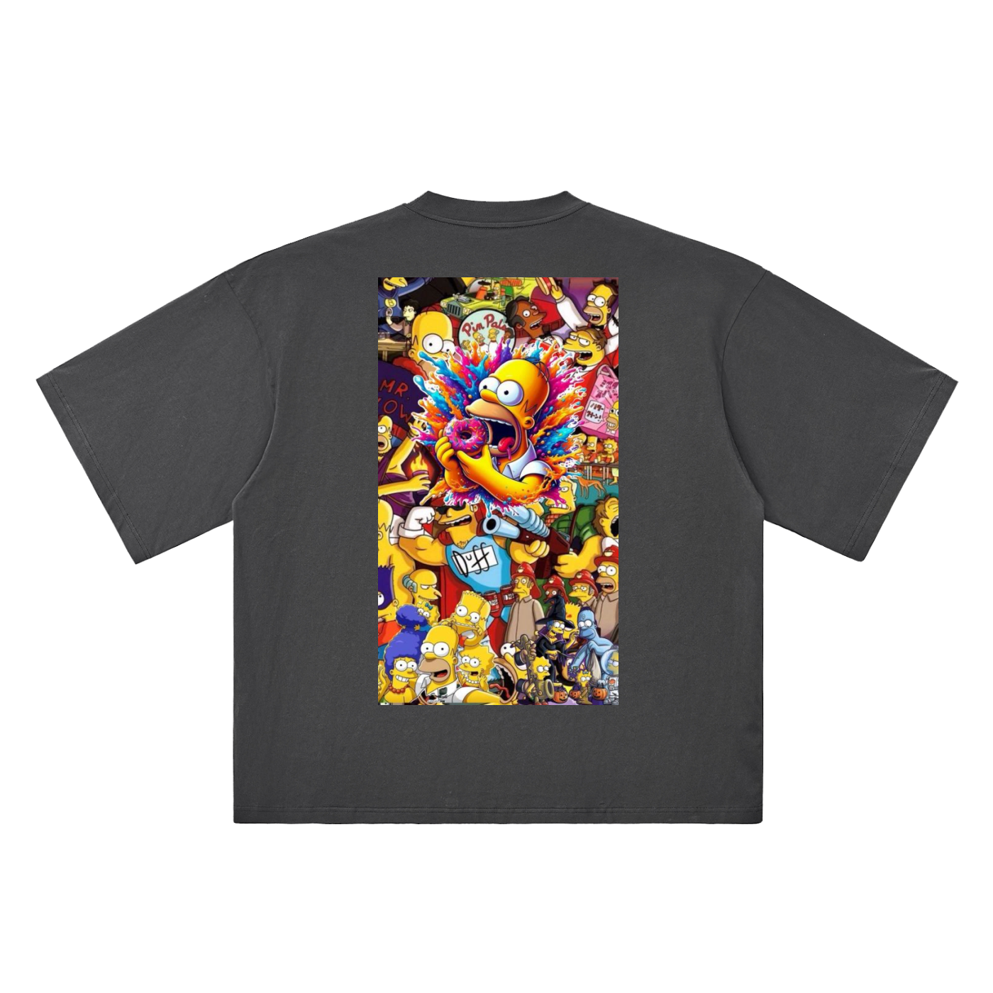 Black t-shirt with colorful cartoon character collage on a white background