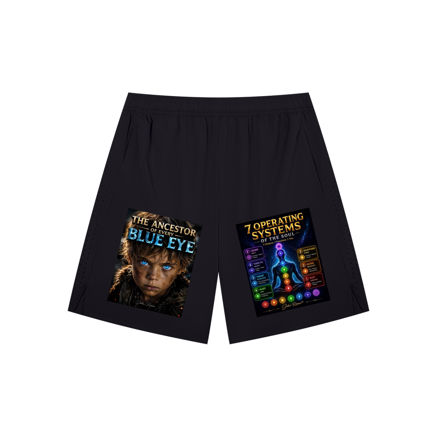 Black athletic shorts featuring graphic prints on the left and right legs. The left leg print shows a portrait of a woman with blue eyes and the text 'THE ANCESTOR AND THE BLUE EYE'.