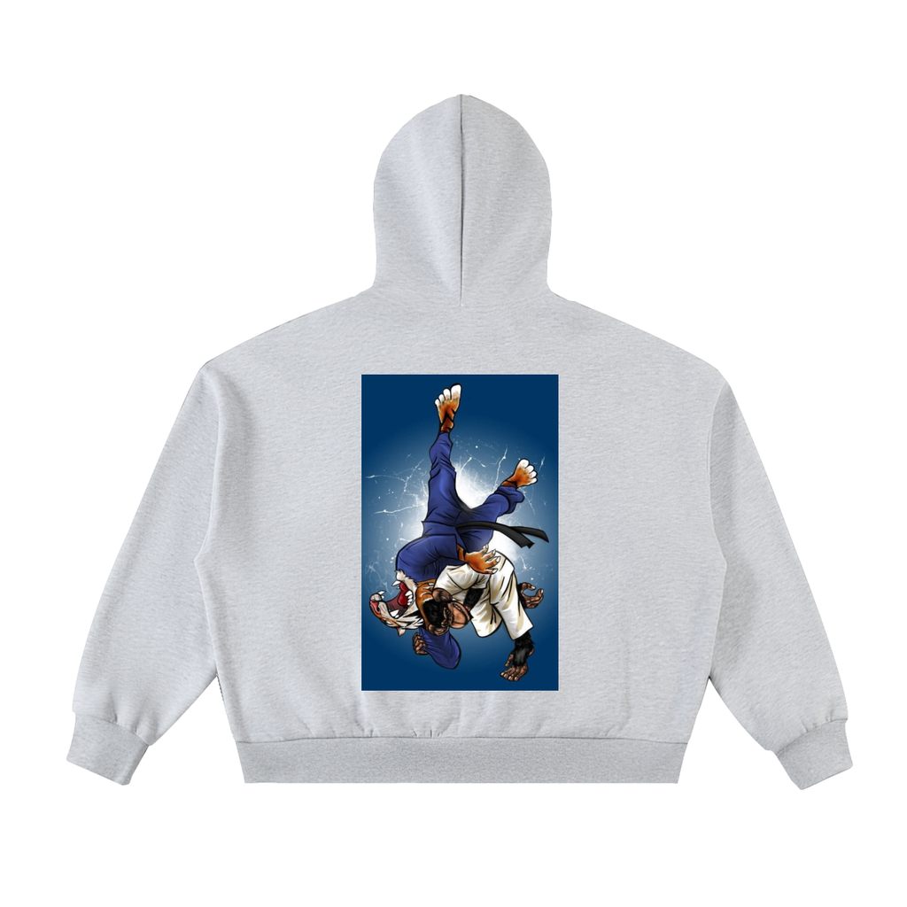 Gray hoodie with a graphic of two martial artists on the back against a white background