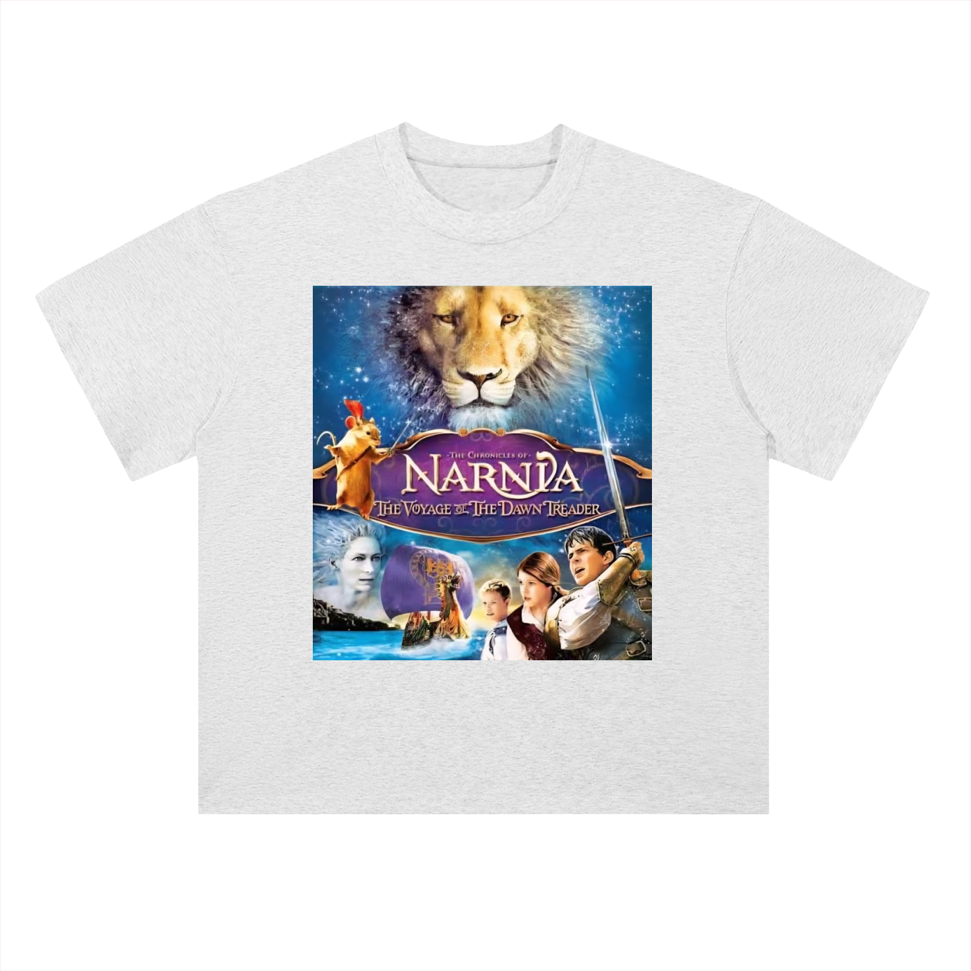 White t-shirt with 'The Chronicles of Narnia' movie poster design on a white background