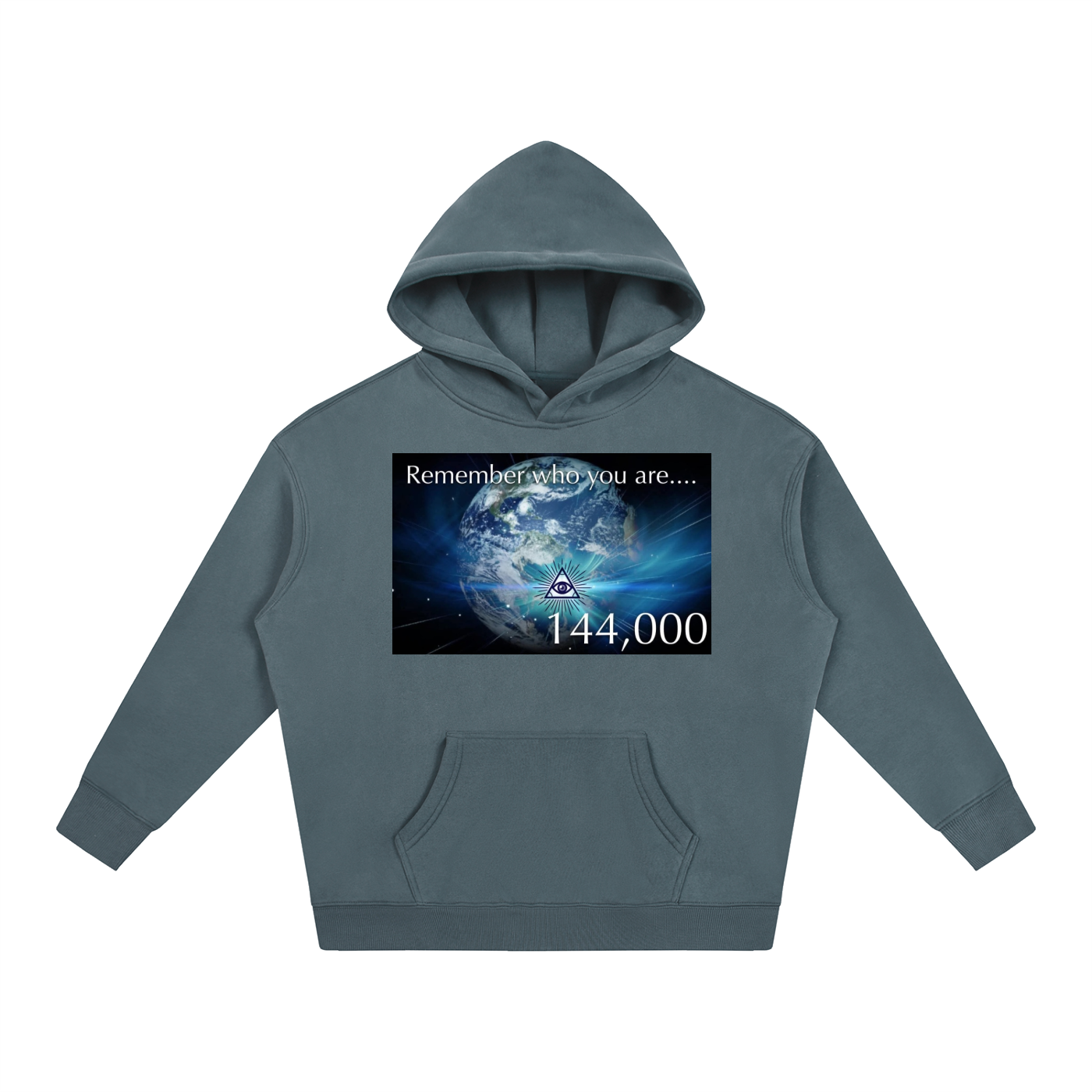 Gray hoodie with a graphic design on a white background