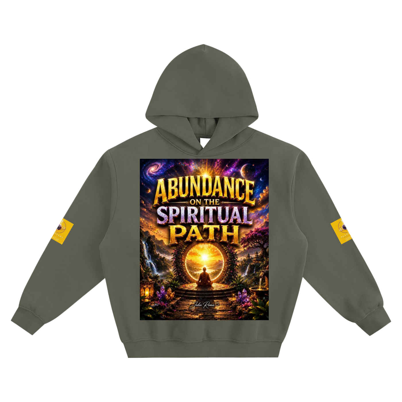 Green hoodie with a colorful graphic on the chest featuring text 'Abundance on the Spiritual Path'.