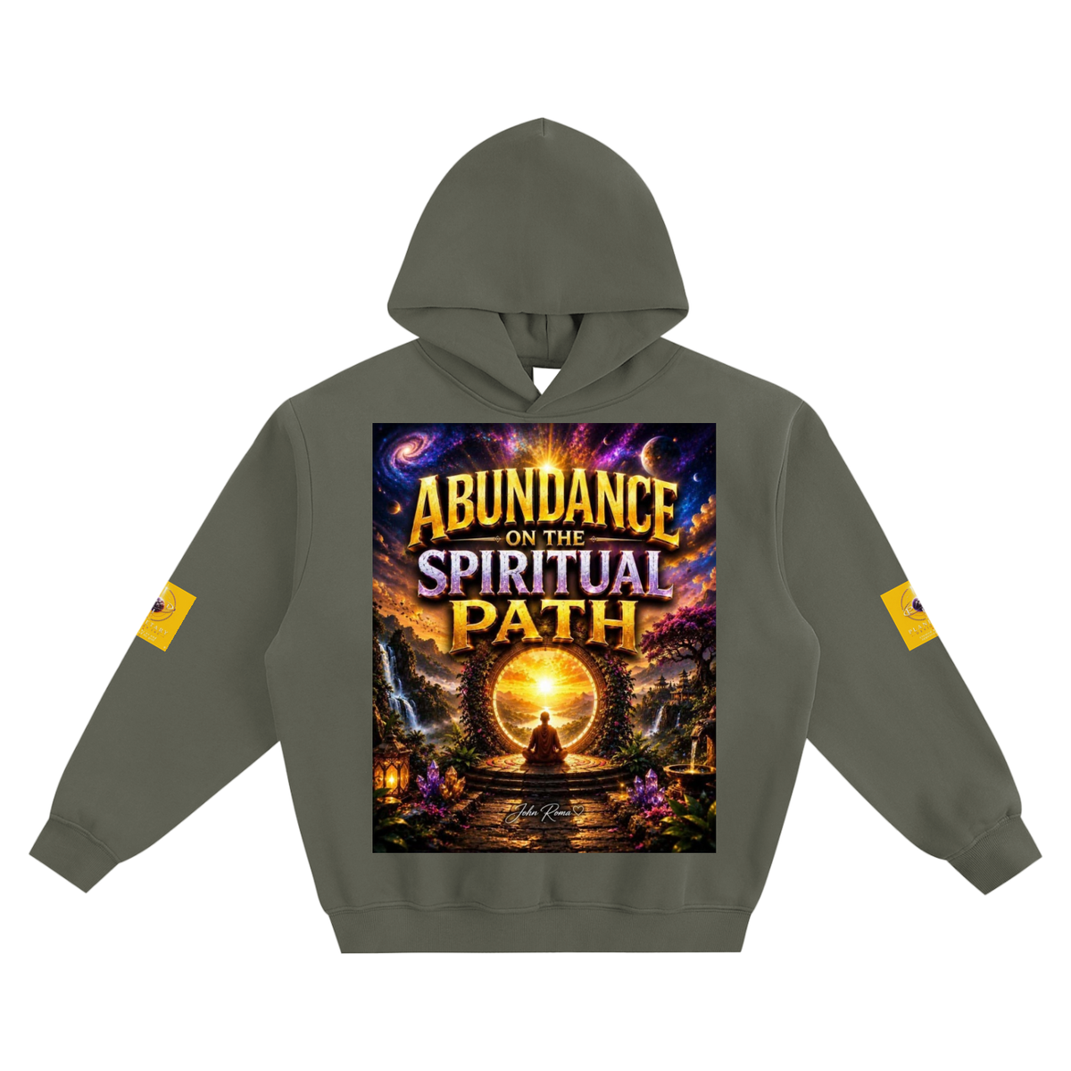 Green hoodie with a colorful graphic on the chest featuring text 'Abundance on the Spiritual Path'.