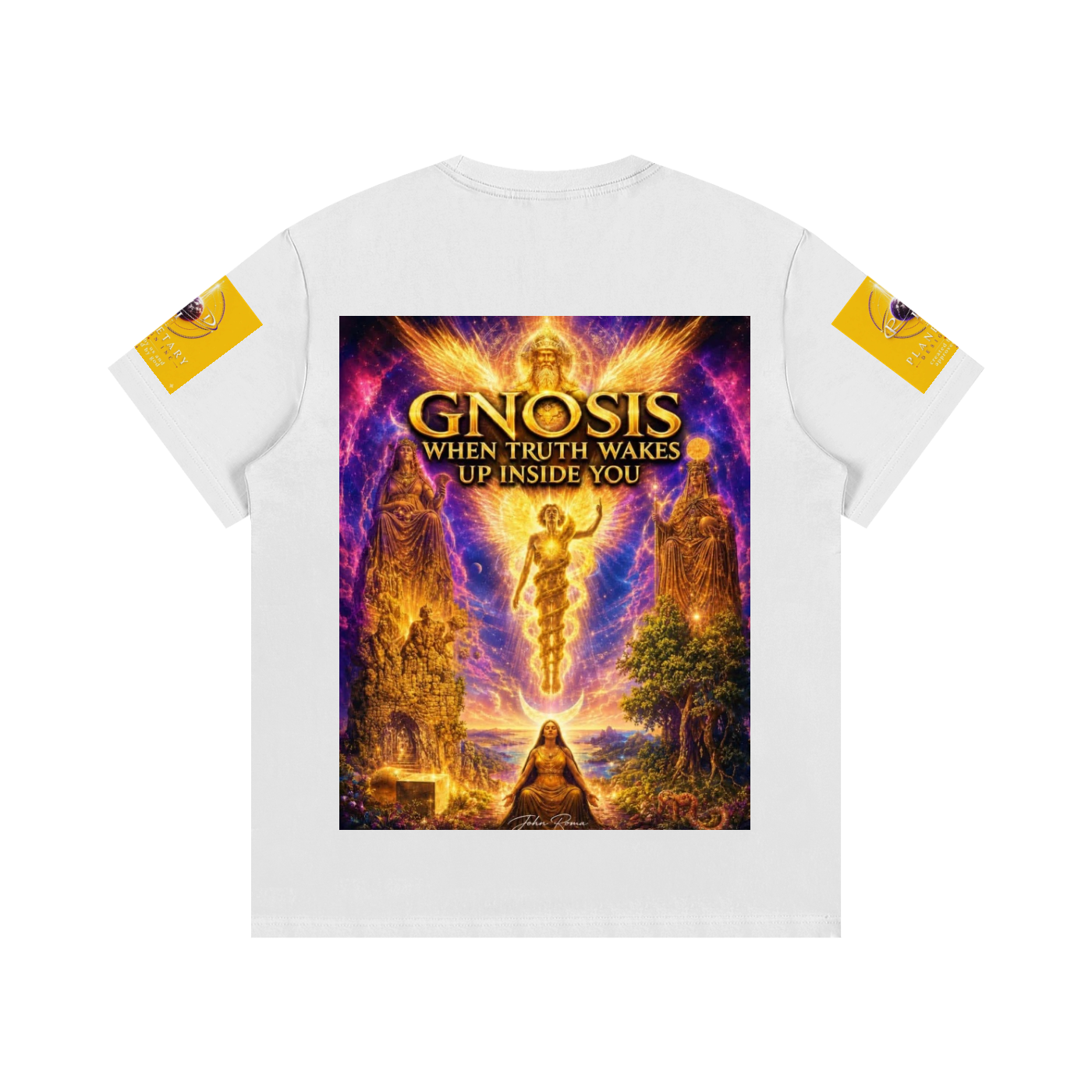 White t-shirt with a colorful graphic design on the back featuring the text 'Gnosis: When Truth Wakes Up Inside You'.