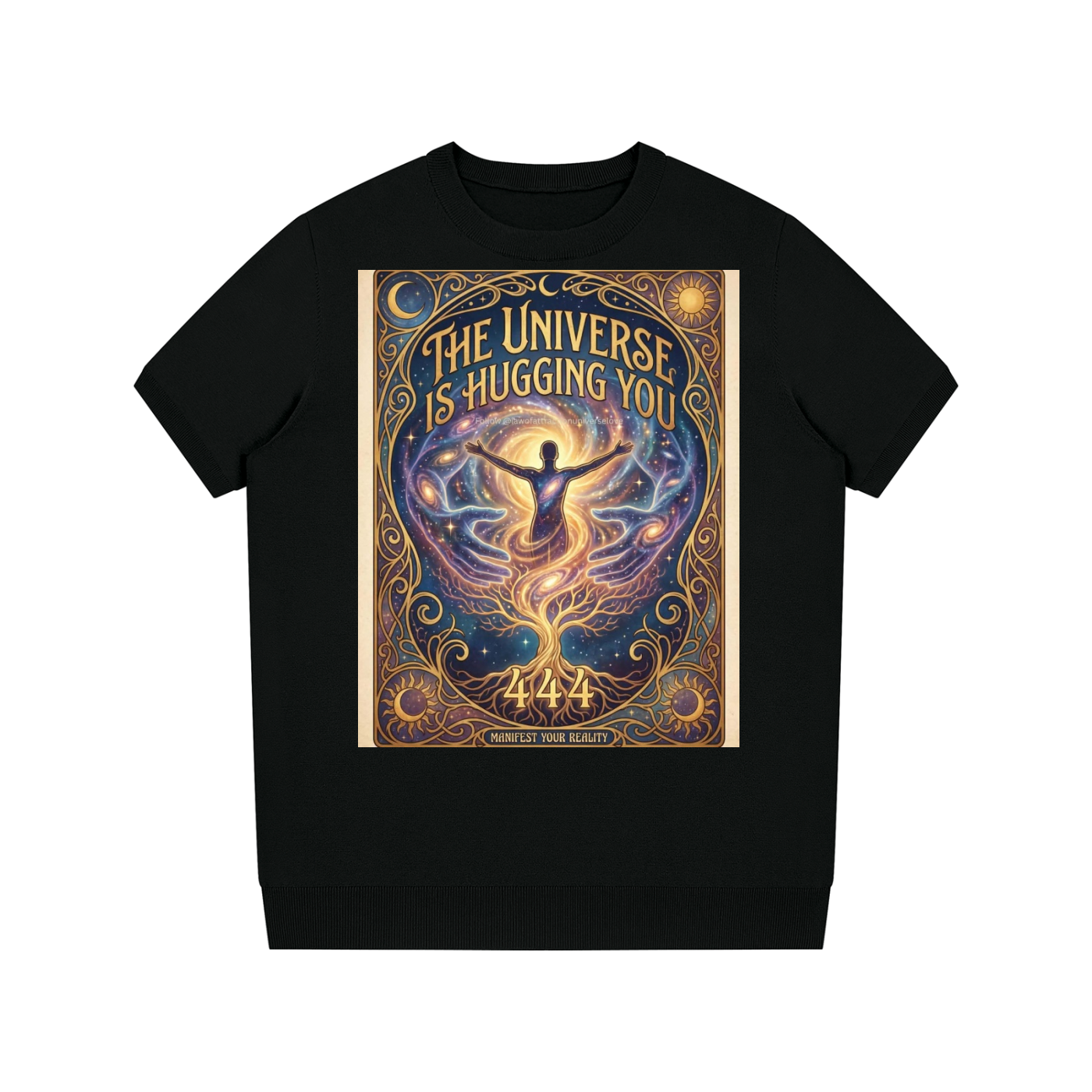 A black short-sleeve crewneck t-shirt featuring a large, colorful graphic print on the front. The graphic is an ornate, celestial-style illustration with a glowing figure in the center, surrounded by swirling blue and gold cosmic patterns, with the text 'THE UNIVERSE IS HUGGING YOU!' arched at the top.