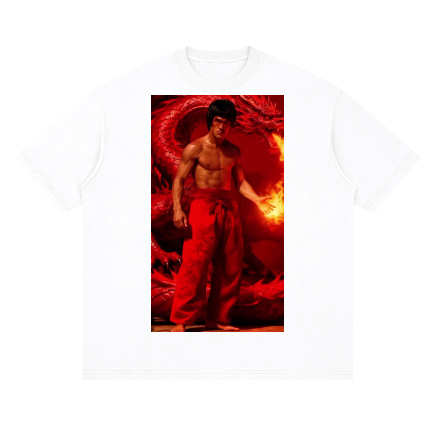 White t-shirt with a graphic of a shirtless man in red pants and a fiery background on a white background.