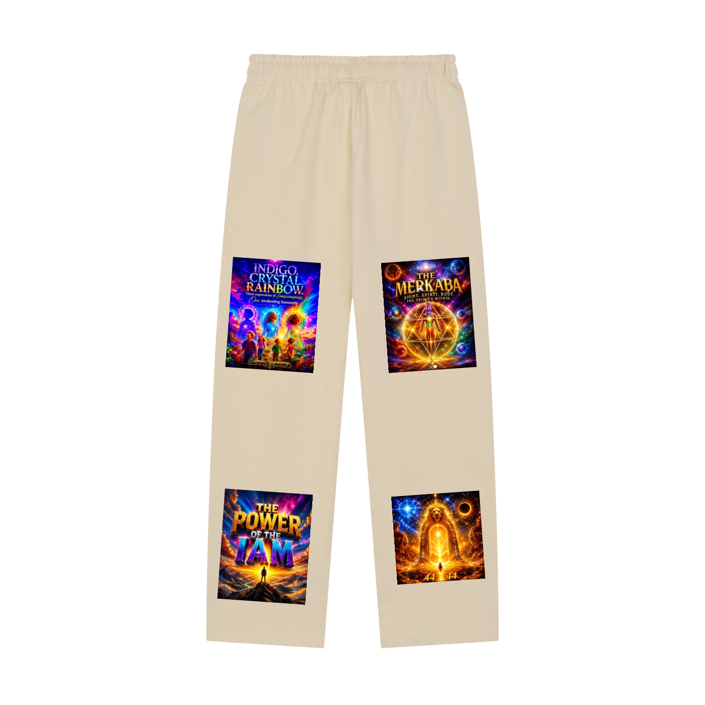 Beige lounge pants with four colorful graphic patches featuring book covers from 'The Power of Ayah' series, displayed on a solid white background.