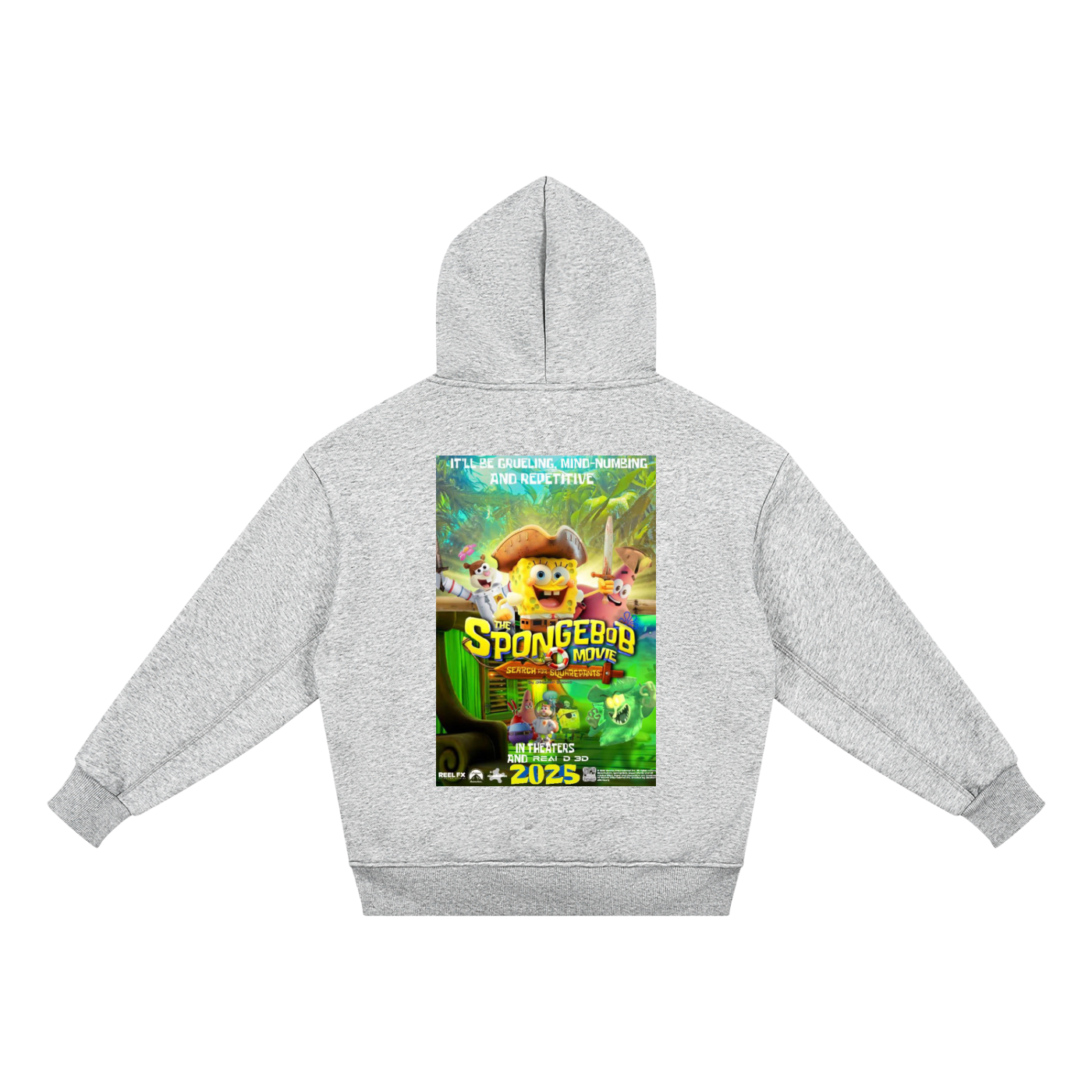 Gray hoodie with a SpongeBob movie poster on the back against a white background