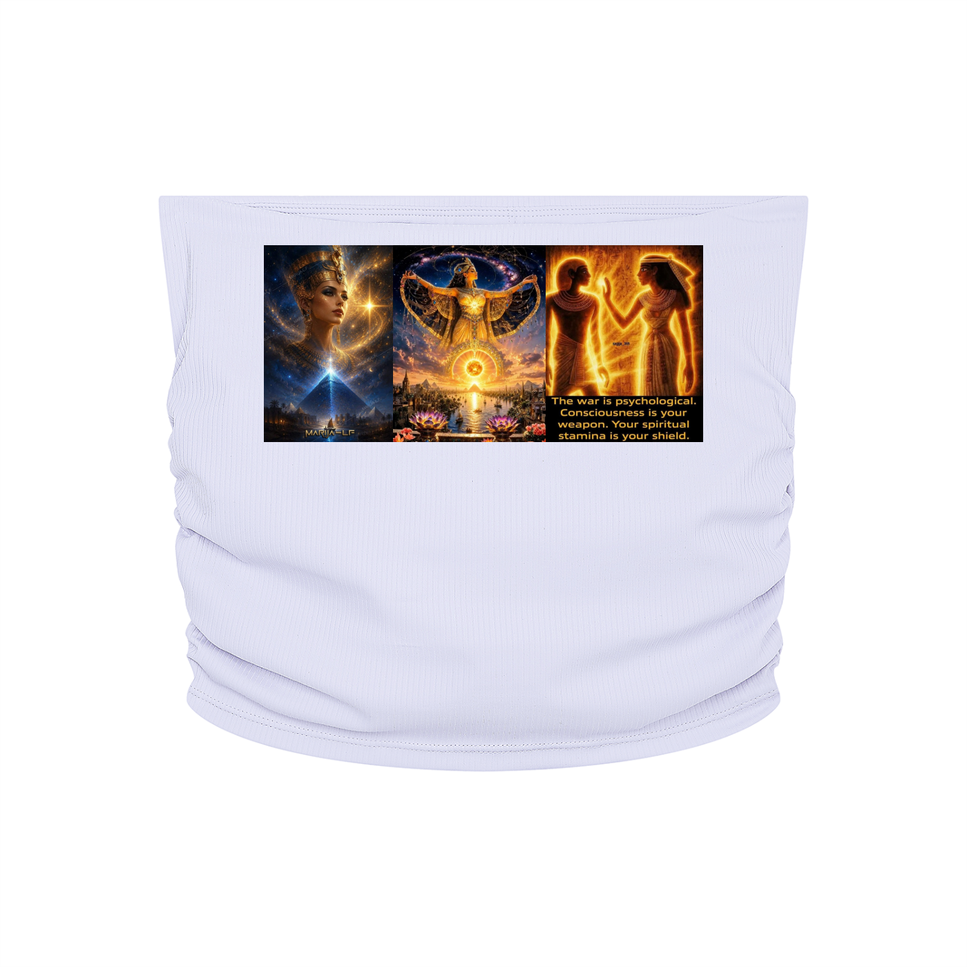 A white neck gaiter or balaclava featuring a rectangular graphic print on the front. The graphic is divided into three panels: the left shows a glowing cosmic portrait of a woman, the center depicts a golden winged figure with a glowing circle, and the right shows two glowing human figures with text below.