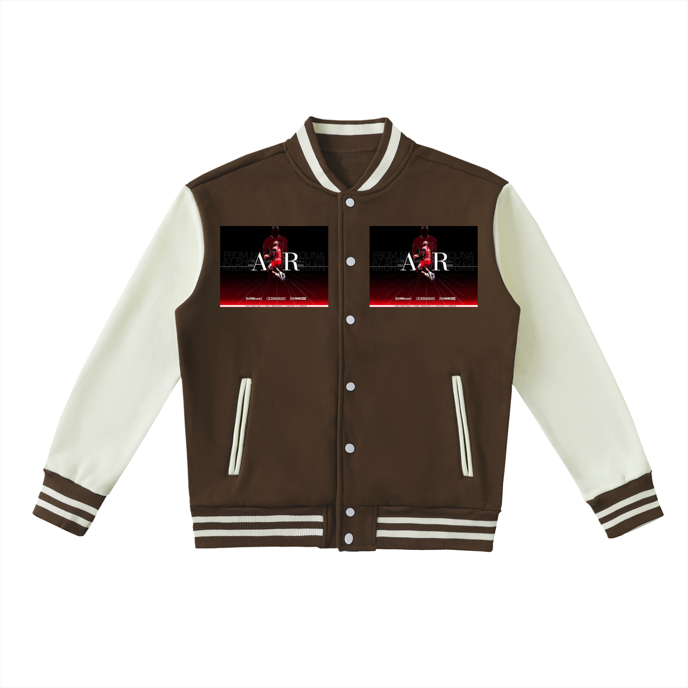 Brown and white varsity jacket with a logo on the chest against a white background
