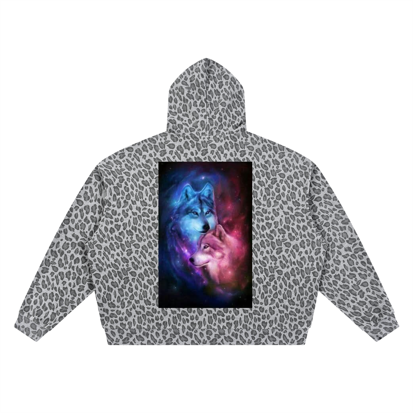 Hoodie with a graphic of two wolves in a colorful embrace on a white background