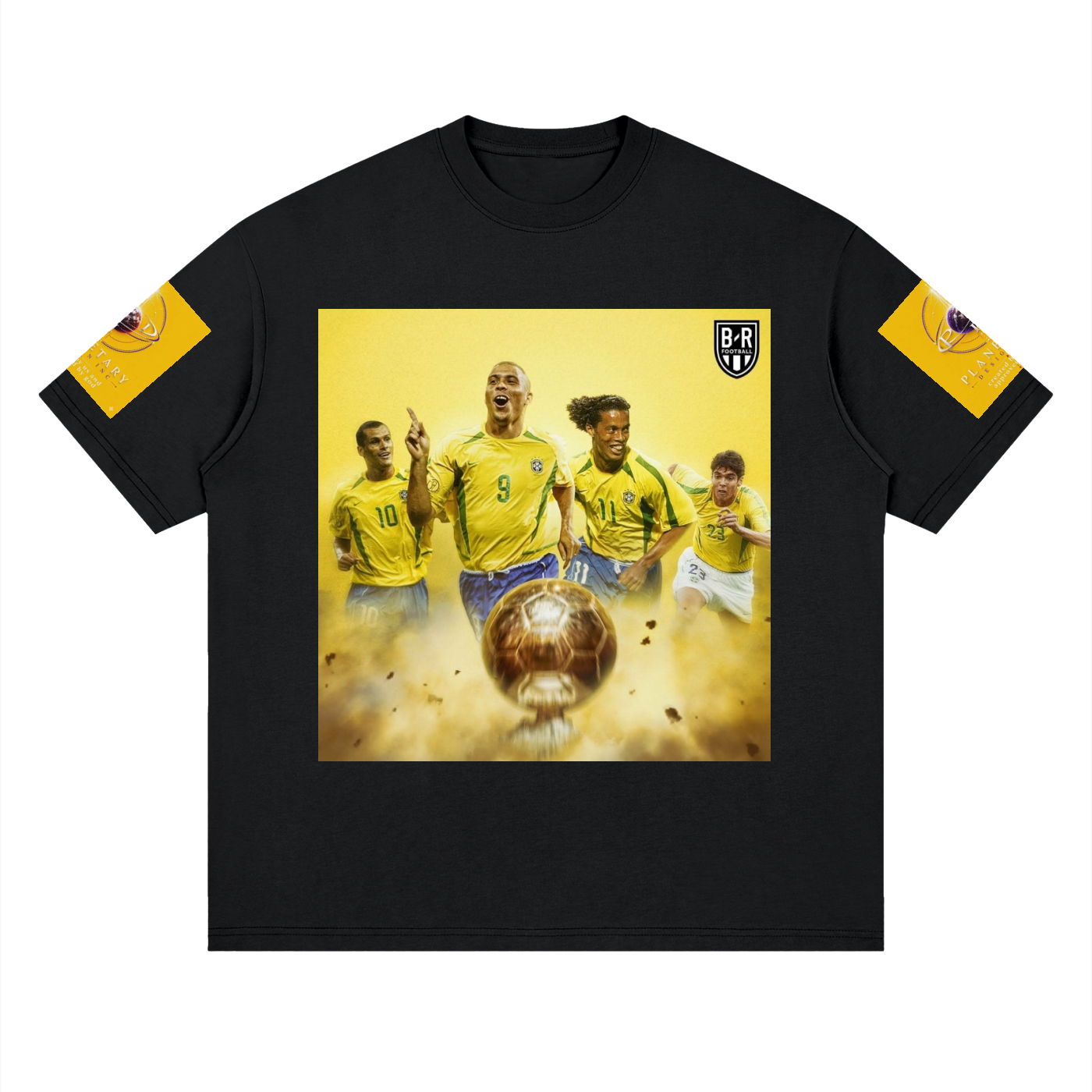 Black t-shirt with a graphic of four soccer players and a ball on a yellow background.