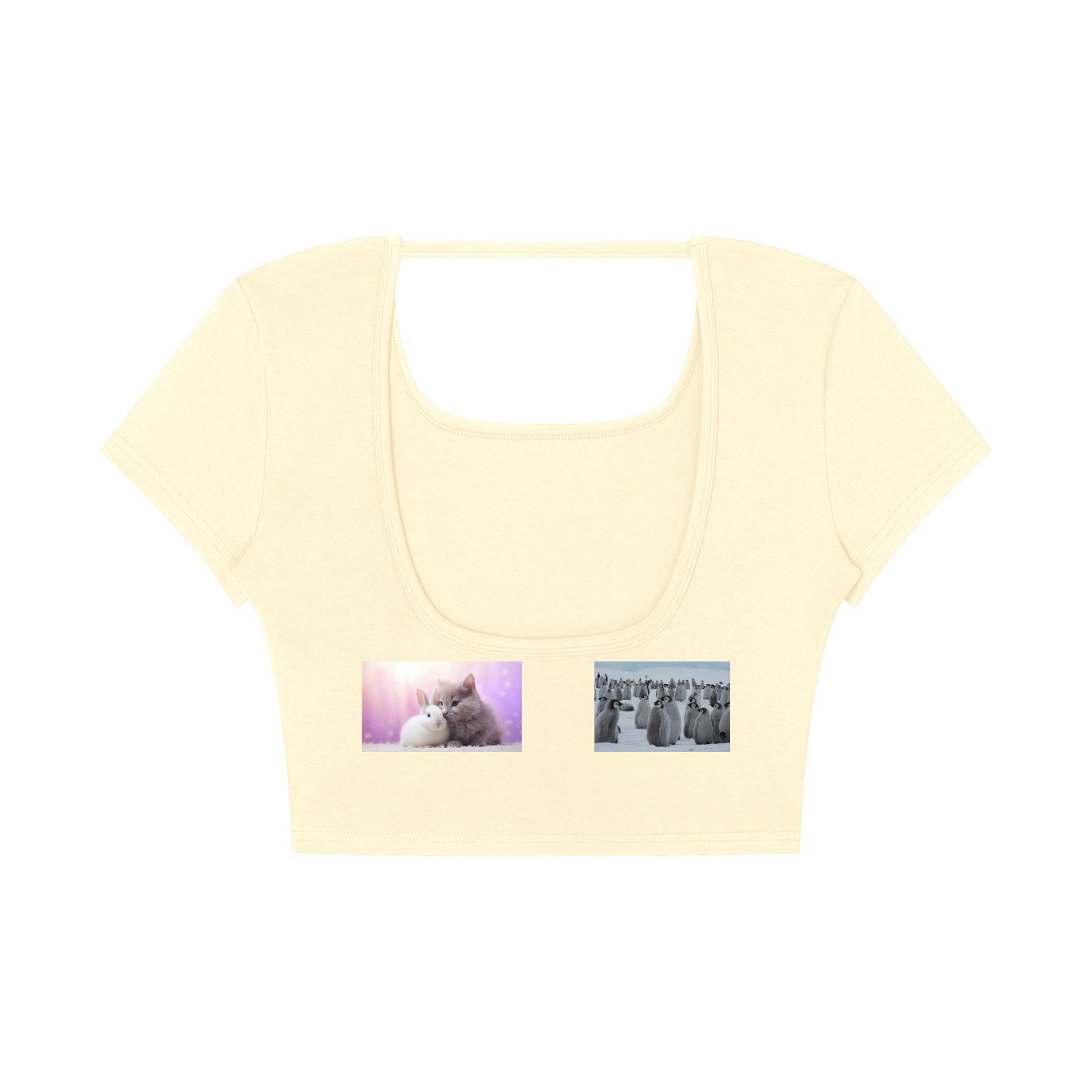 A pale yellow short-sleeve crop top with a square neckline, featuring two small rectangular printed photos on the front chest, displayed on a solid white background.