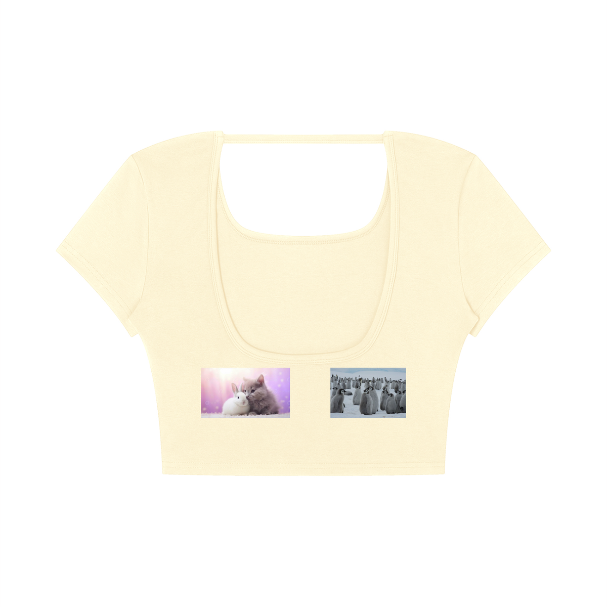 A pale yellow short-sleeve crop top with a square neckline, featuring two small rectangular printed photos on the front chest, displayed on a solid white background.