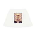 A white A-line skirt with a rectangular graphic print in the center depicting an angel with glowing wings and a halo above several silhouetted figures, set against a plain white background.