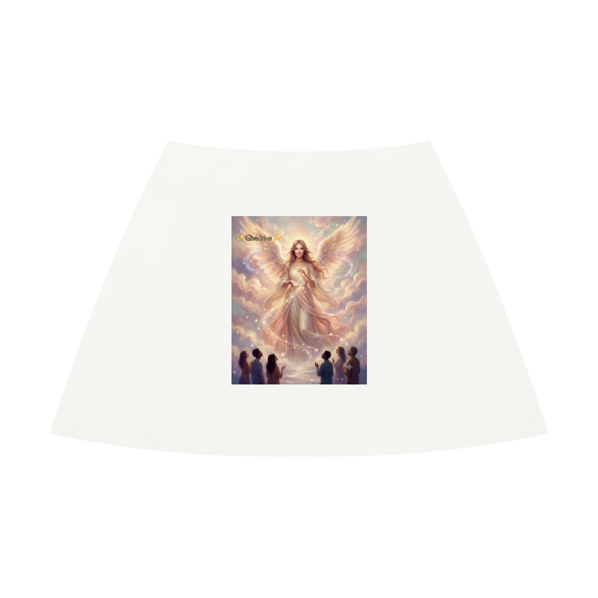 A white A-line skirt with a rectangular graphic print in the center depicting an angel with glowing wings and a halo above several silhouetted figures, set against a plain white background.