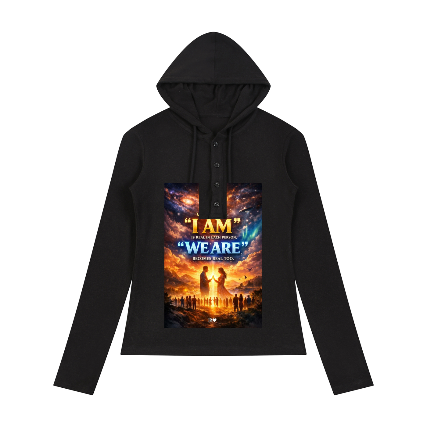 A black long-sleeve hoodie with a drawstring hood and a buttoned placket, featuring a large rectangular graphic print on the front with the text 'I AM' and 'WE ARE' over a dramatic sunset scene with silhouettes.