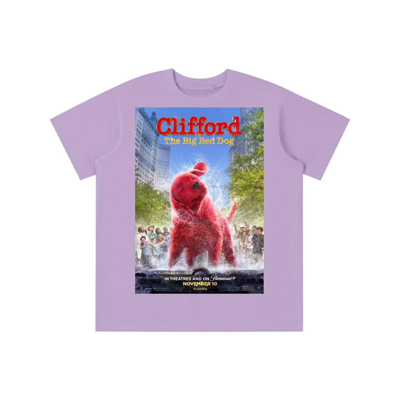 Purple t-shirt with Clifford the Big Red Dog graphic on a white background