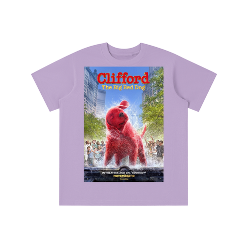 Purple t-shirt with Clifford the Big Red Dog graphic on a white background