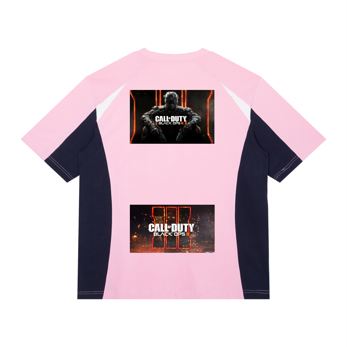 Pink and navy long-sleeve shirt with 'Call of Duty' graphics on a white background