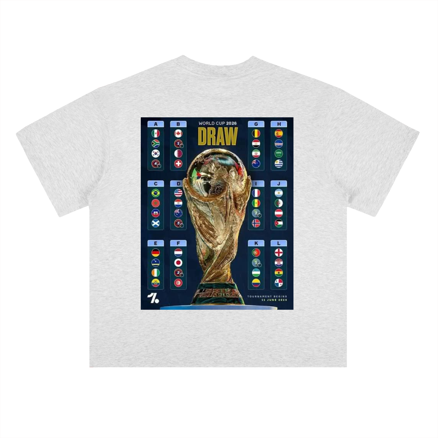 White t-shirt with World Cup trophy and team flags graphic on a white background