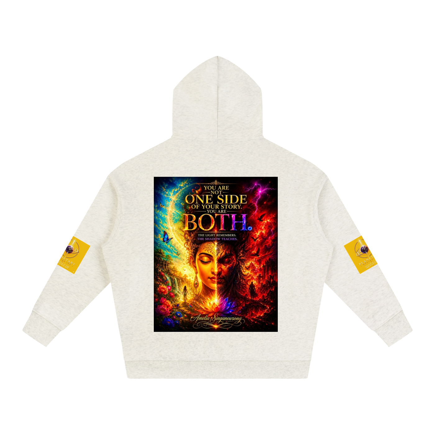 An off-white hooded sweatshirt shown from the back, featuring a large, vibrant graphic print in the center with the text 'You Are The One Side of Your Story Both' and a colorful portrait. Each sleeve has a small yellow square patch with a circular symbol.