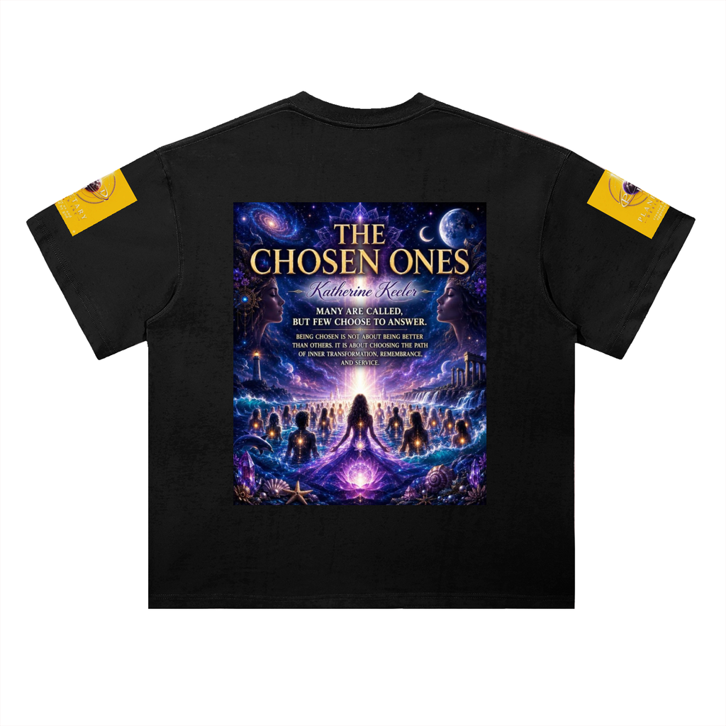 Black t-shirt with 'The Chosen Ones' graphic design on a white background
