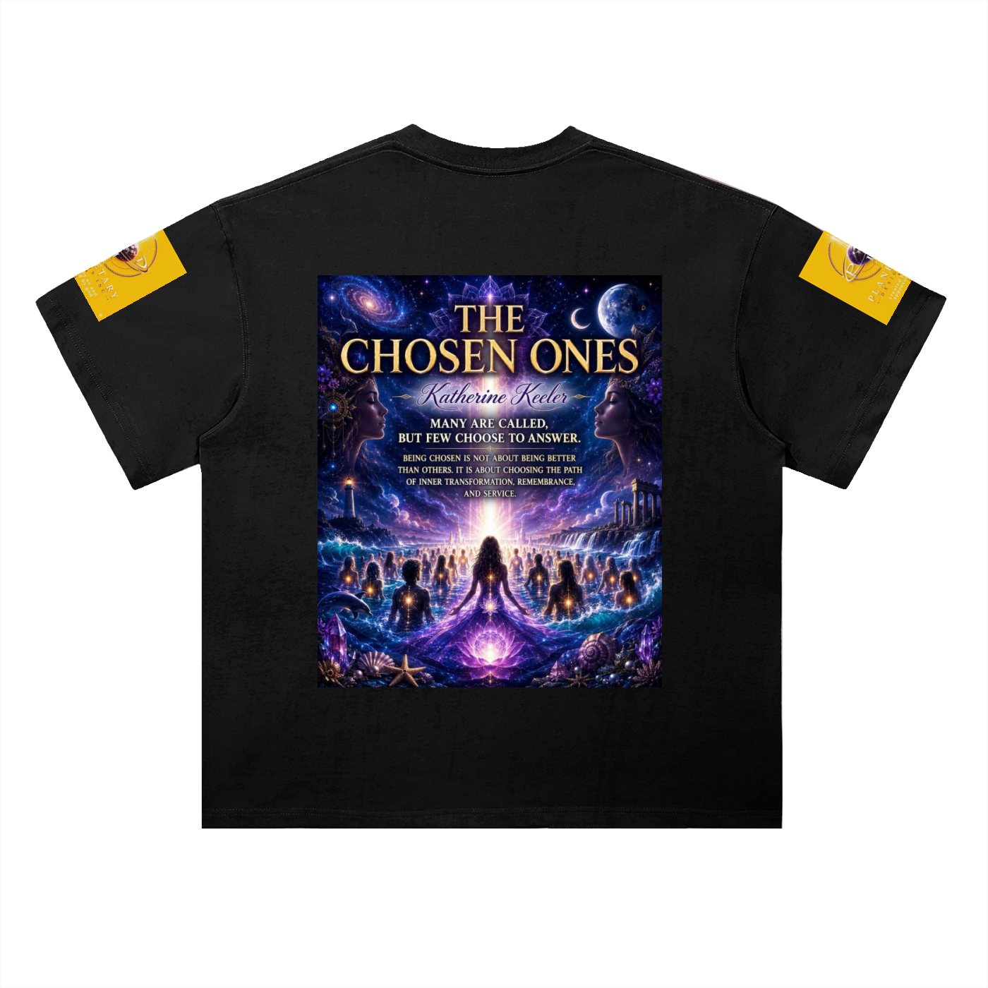 Black t-shirt with 'The Chosen Ones' graphic design on a white background