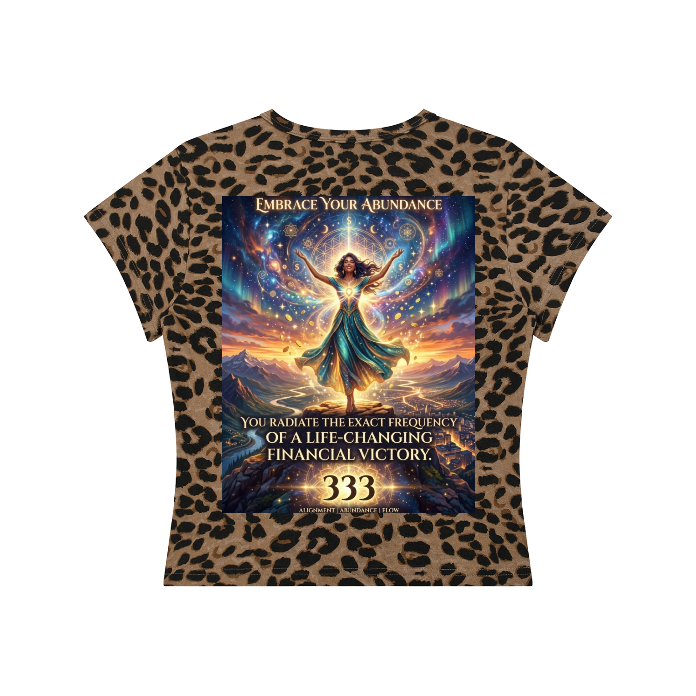 A short-sleeve t-shirt with a brown and black leopard print pattern, featuring a large central graphic print on the front. 