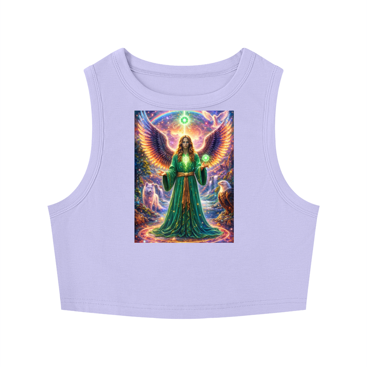 A sleeveless light purple crop top featuring a colorful graphic print of a winged angel in a green robe holding a glowing orb, set against a plain white background.