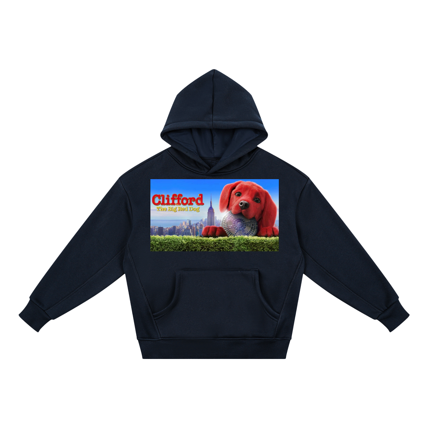 Black hoodie with Clifford the Big Red Dog graphic on a white background