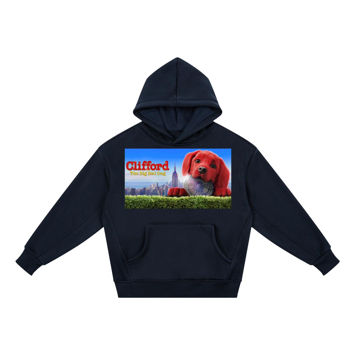 Black hoodie with Clifford the Big Red Dog graphic on a white background